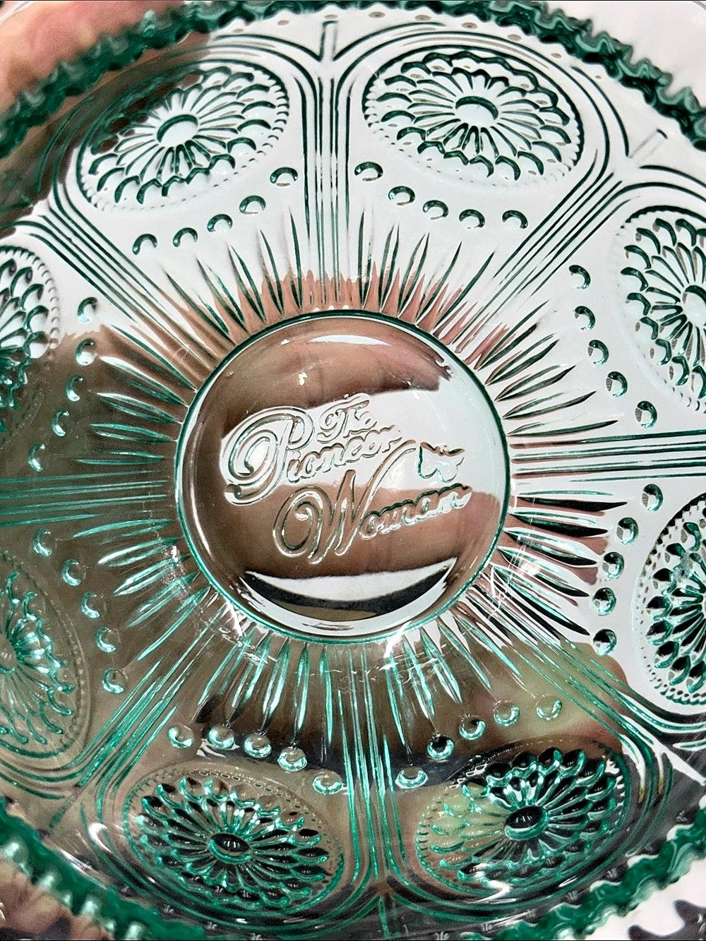 Pioneer Woman Teal Green Glass Clear Berry Bowl 13 Oz Adeline design 5" - Picture 3 of 3